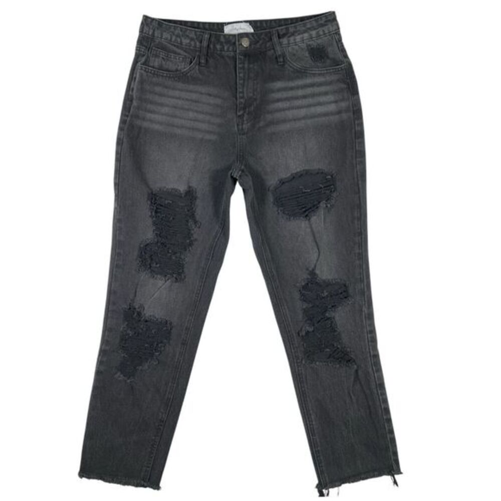 Jelly Jeans Black High Rise Distressed Jeans 7 30 Wide Straight Leg Rip Grunge